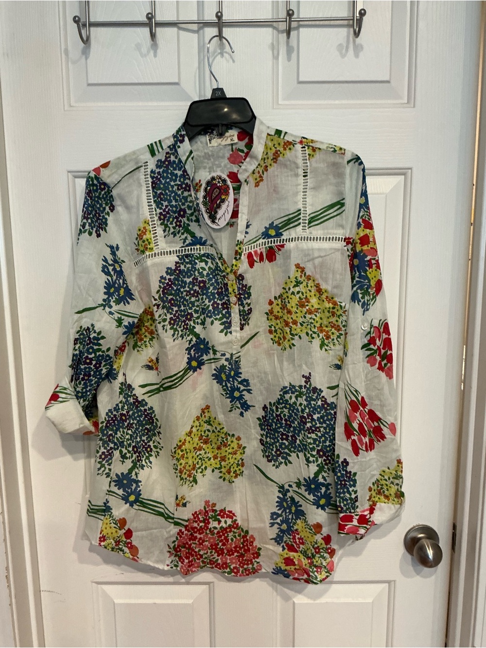 White Floral Split-Neck Tunic Top with Multicolor Bouquet Print